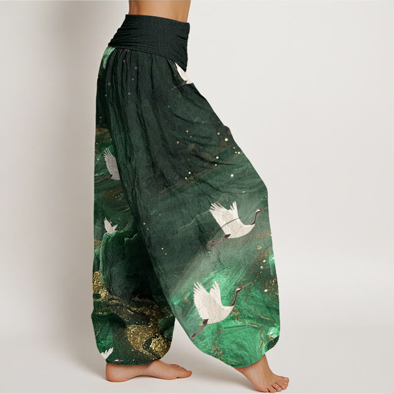 Pantalones harén con cintura elástica para mujer, con estampado de grullas voladoras y Buddha Stones - image 1