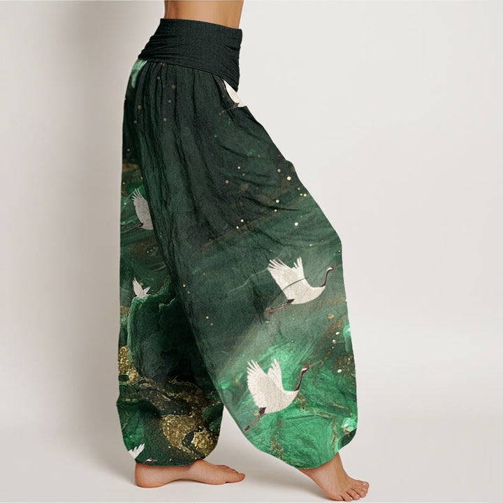 Pantalones harén con cintura elástica para mujer, con estampado de grullas voladoras y Buddha Stones - image 1
