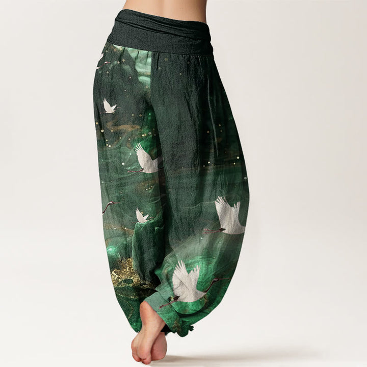 Pantalones harén con cintura elástica para mujer, con estampado de grullas voladoras y Buddha Stones - image 3