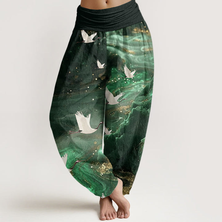 Pantalones harén con cintura elástica para mujer, con estampado de grullas voladoras y Buddha Stones - Verde bosque - US22，UK/AU26，EU54 (6XL) - image 0