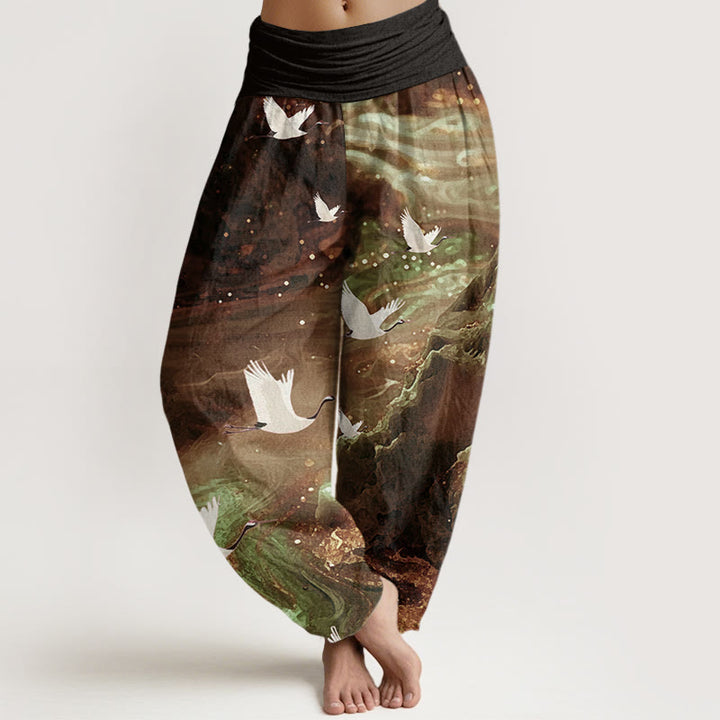 Pantalones harén con cintura elástica para mujer, con estampado de grullas voladoras y Buddha Stones - SaddleBrown - US22，UK/AU26，EU54 (6XL) - image 4