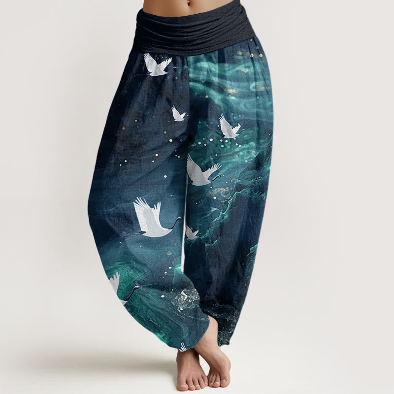 Pantalones harén con cintura elástica para mujer, con estampado de grullas voladoras y Buddha Stones - Azul medianoche - US22，UK/AU26，EU54 (6XL) - image 7