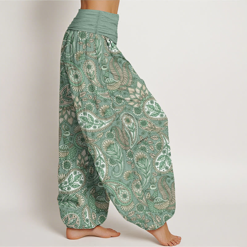 Pantalones Buddha Stones de algodón puro con diseño de flor de anacardo, pavo real y girasol para mujer, con cintura elástica