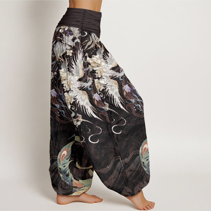 Pantalones Buddha Stones de algodón puro con estampado de flores de fénix y cintura elástica para mujer