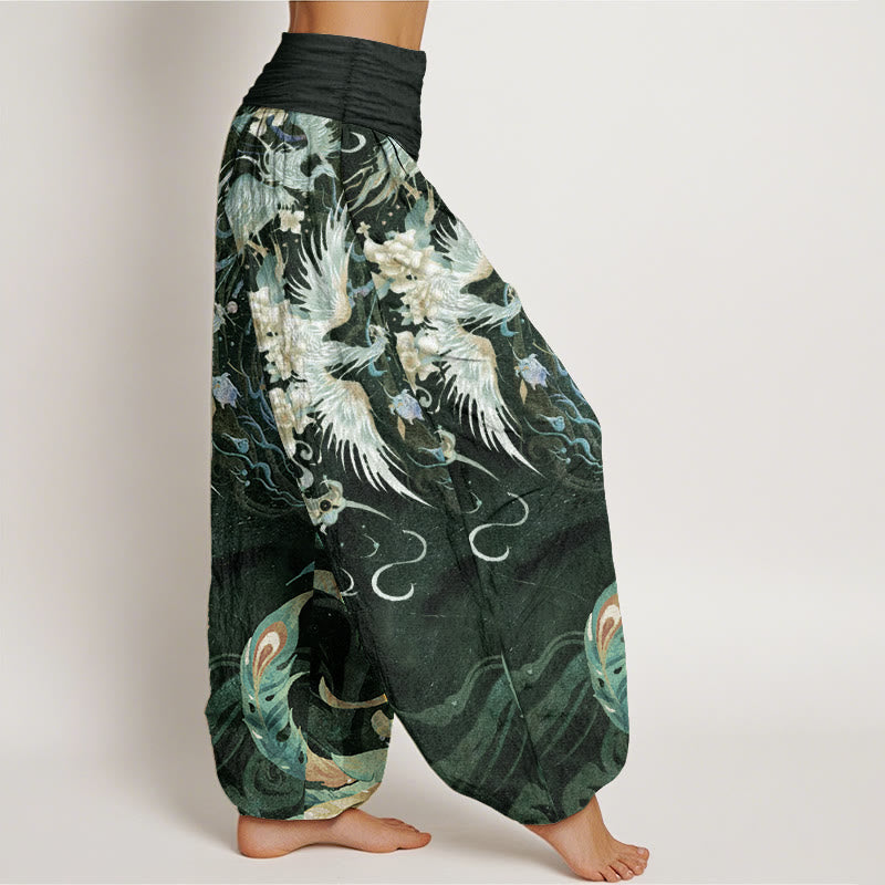 Pantalones Buddha Stones de algodón puro con estampado de flores de fénix y cintura elástica para mujer