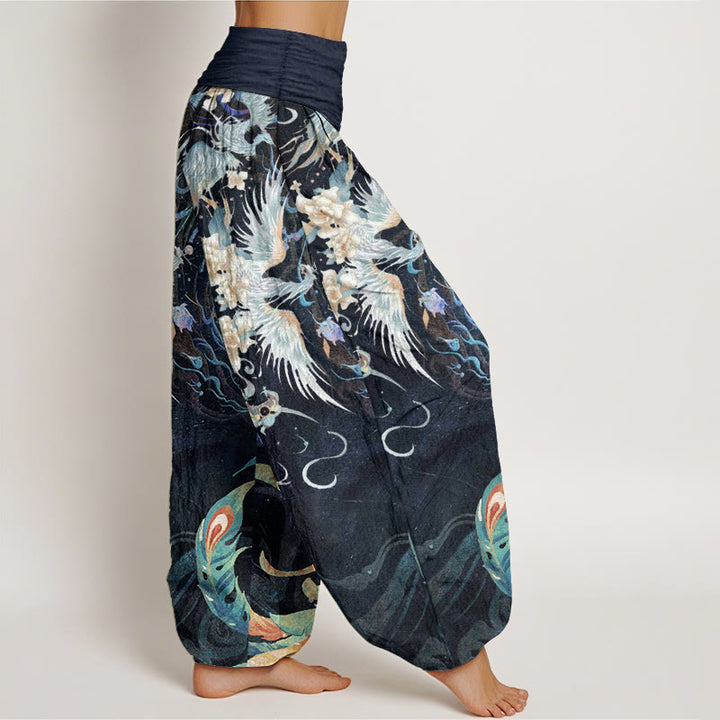 Pantalones Buddha Stones de algodón puro con estampado de flores de fénix y cintura elástica para mujer