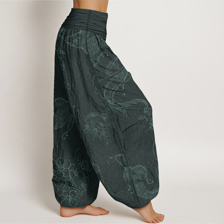 Pantalones harén de algodón puro con estampado floral de peces koi y Buddha Stones para mujer con cintura elástica