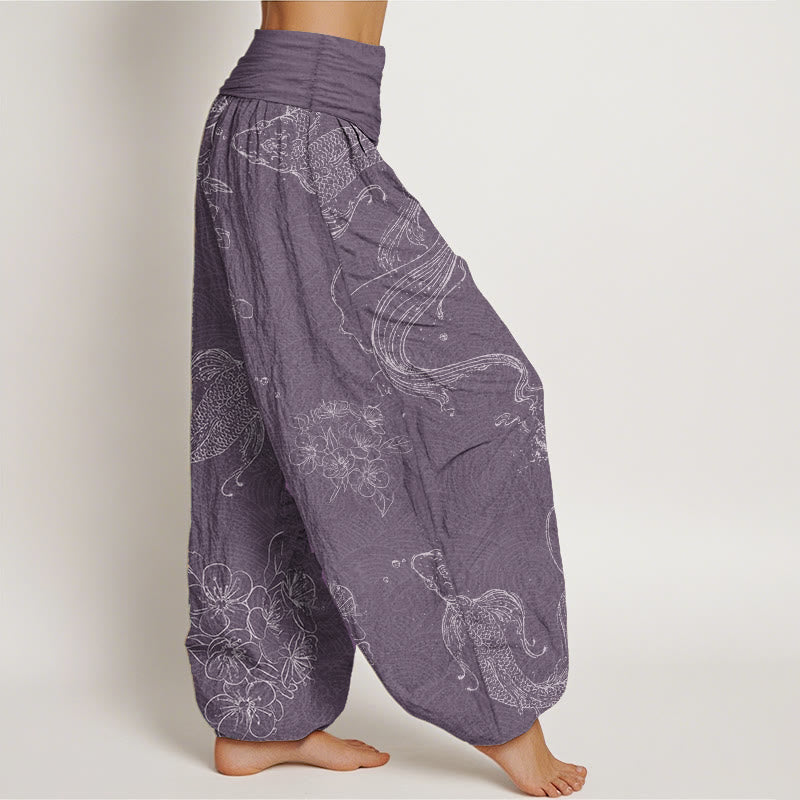 Pantalones harén de algodón puro con estampado floral de peces koi y Buddha Stones para mujer con cintura elástica