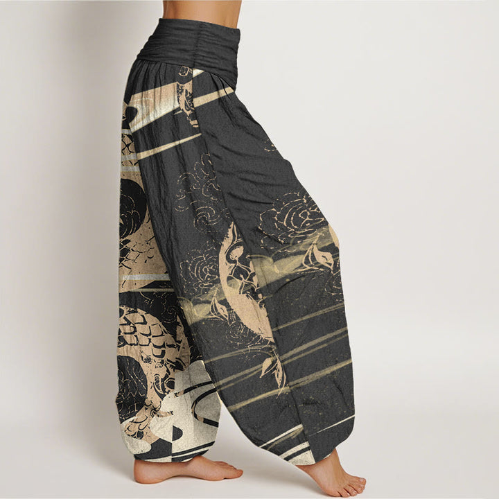 Pantalones Buddha Stones de algodón puro con diseño de nubes auspiciosas y estampado de serpiente para mujer, con cintura elástica