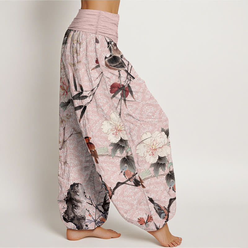 Pantalones harén de algodón puro con diseño de mandala, ramas de flores y pájaros currucas, con Buddha Stones y cintura elástica para mujer