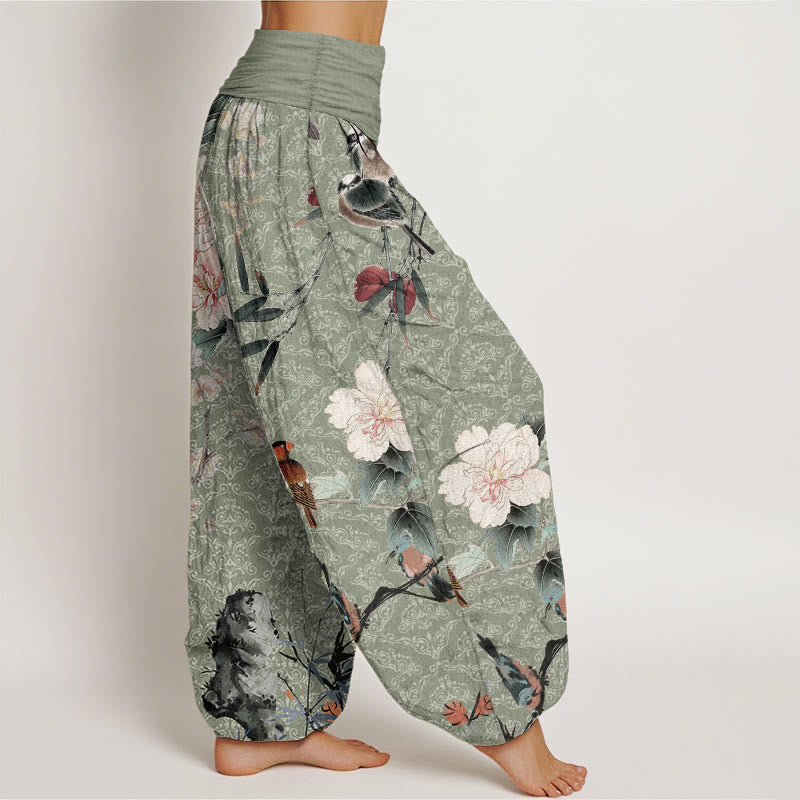 Pantalones harén de algodón puro con diseño de mandala, ramas de flores y pájaros currucas, con Buddha Stones y cintura elástica para mujer