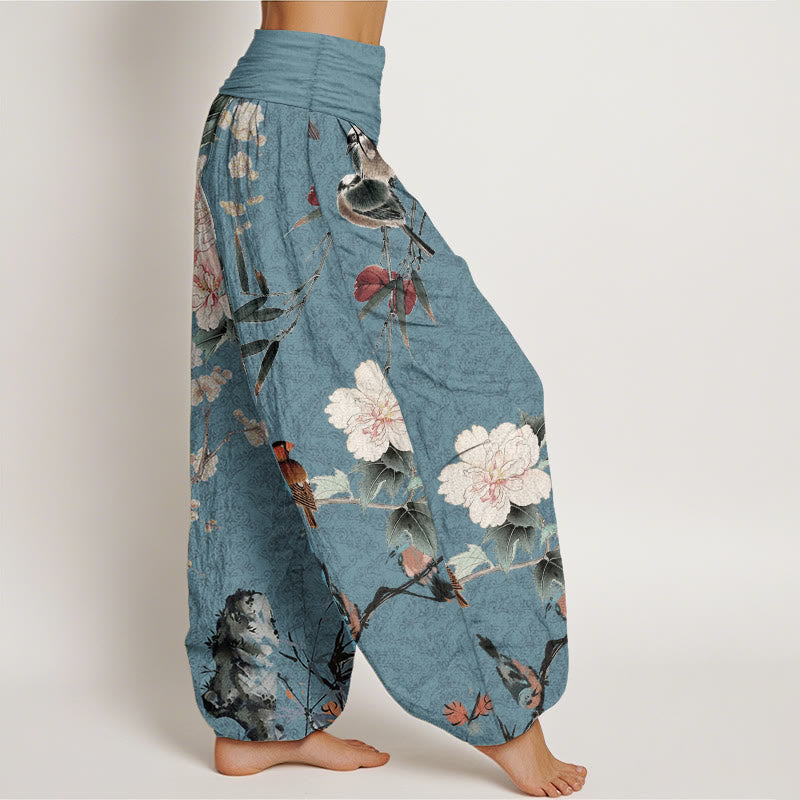 Pantalones harén de algodón puro con diseño de mandala, ramas de flores y pájaros currucas, con Buddha Stones y cintura elástica para mujer