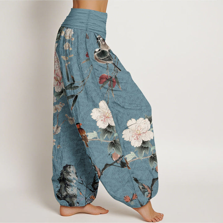 Pantalones harén de algodón puro con diseño de mandala, ramas de flores y pájaros currucas, con Buddha Stones y cintura elástica para mujer