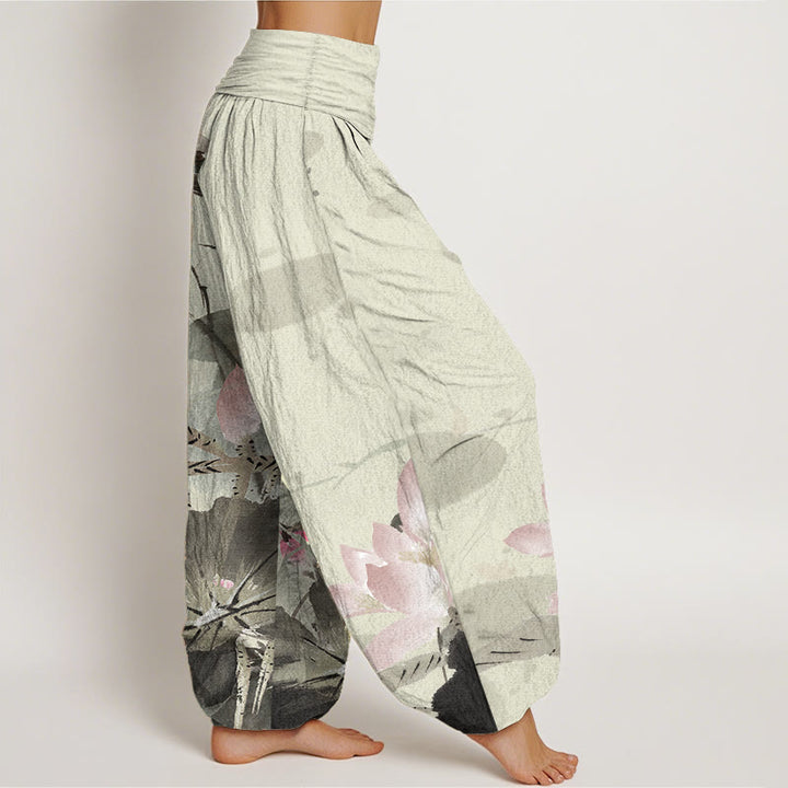 Pantalones harén de algodón puro con estampado de Buddha Stones de loto rosa y pájaro para mujer, con cintura elástica - image 2