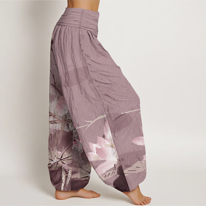 Pantalones harén de algodón puro con estampado de Buddha Stones de loto rosa y pájaro para mujer, con cintura elástica