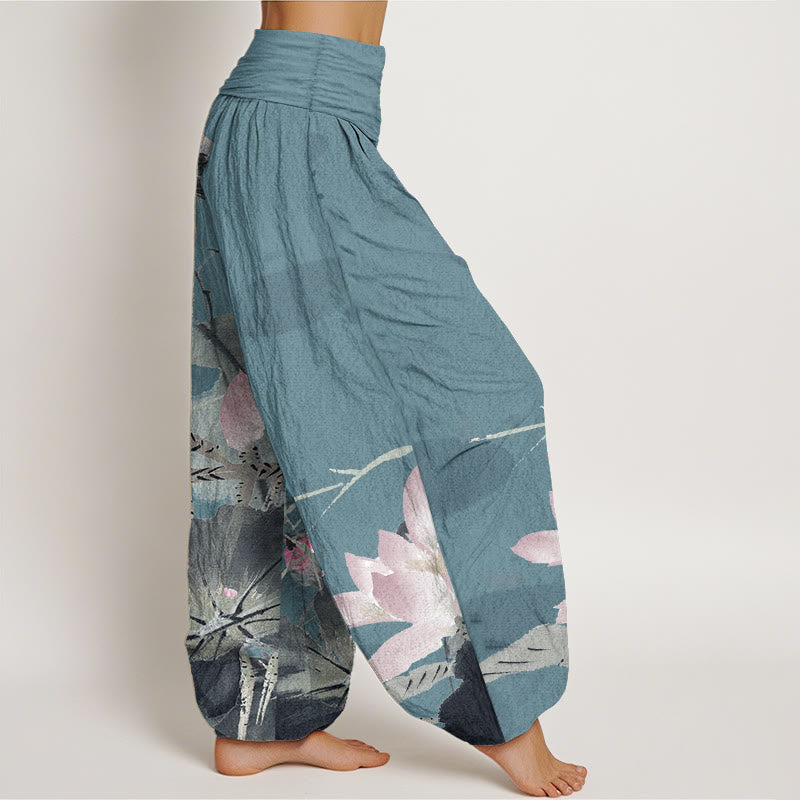 Pantalones harén de algodón puro con estampado de Buddha Stones de loto rosa y pájaro para mujer, con cintura elástica - image 7