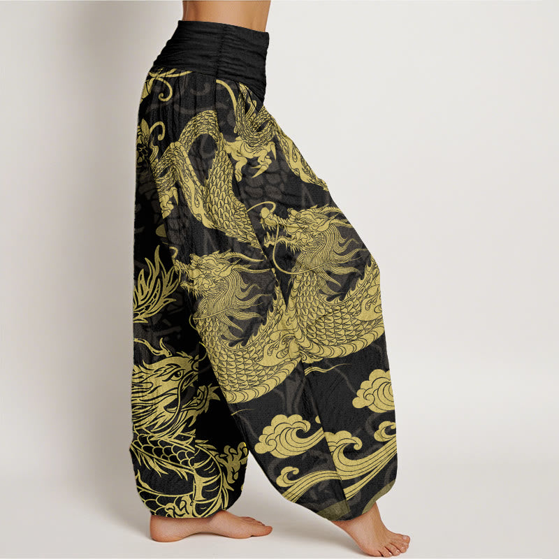Pantalones harén de algodón puro con diseño de Buddha Stones y nubes auspiciosas para mujer, con cintura elástica