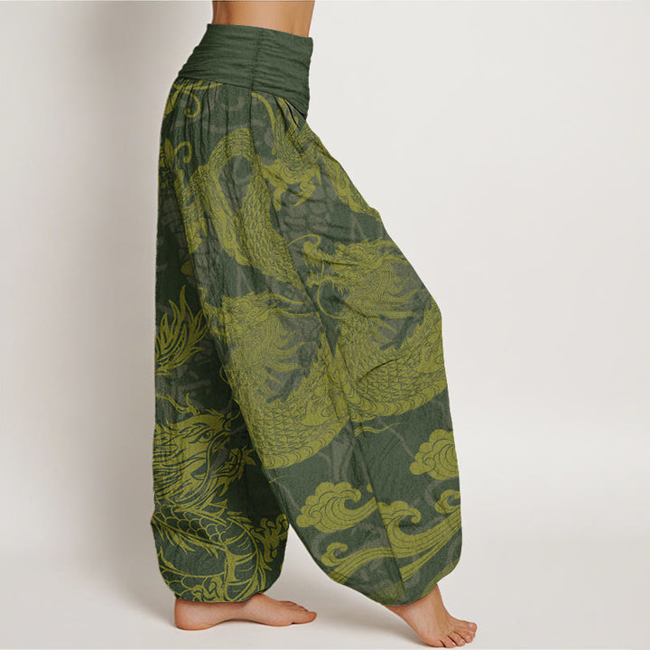 Pantalones harén de algodón puro con diseño de Buddha Stones y nubes auspiciosas para mujer, con cintura elástica
