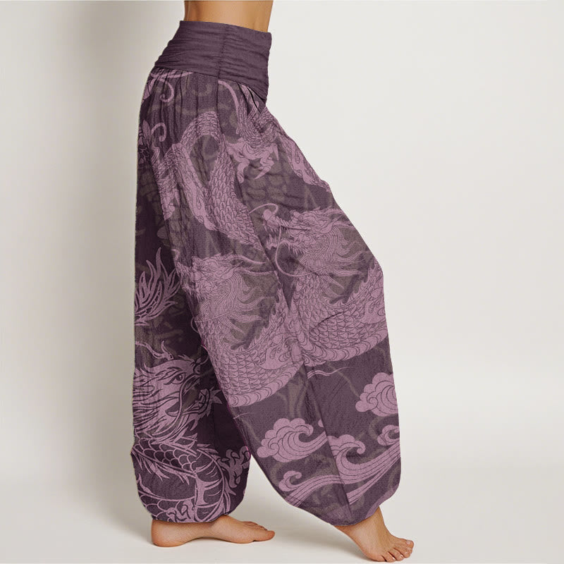 Pantalones harén de algodón puro con diseño de Buddha Stones y nubes auspiciosas para mujer, con cintura elástica