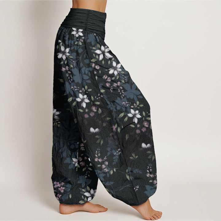 Pantalones harén de algodón puro con diseño de Buddha Stones y pequeñas flores blancas y hojas verdes para mujer, con cintura elástica - image 2