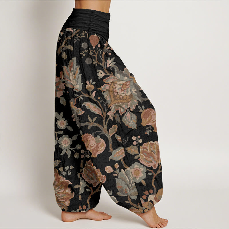 Pantalones Buddha Stones de algodón puro con diseño de flores y capullos para mujer, estilo casual, con cintura elástica