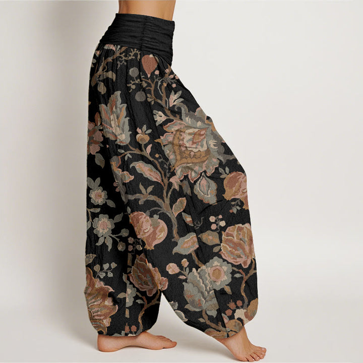 Pantalones Buddha Stones de algodón puro con diseño de flores y capullos para mujer, estilo casual, con cintura elástica