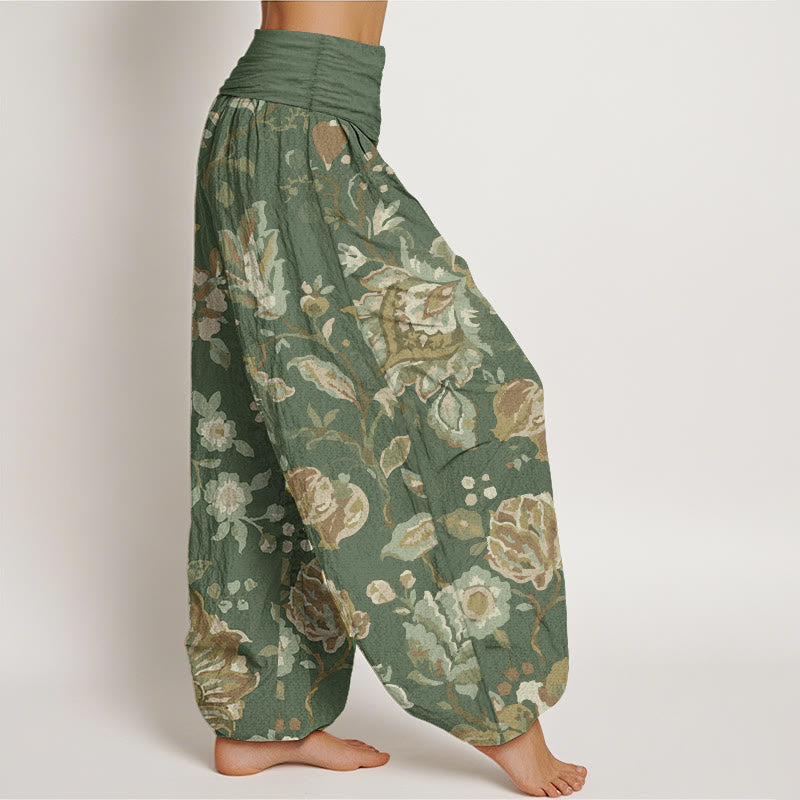 Pantalones Buddha Stones de algodón puro con diseño de flores y capullos para mujer, estilo casual, con cintura elástica