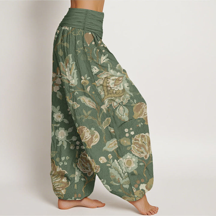 Pantalones Buddha Stones de algodón puro con diseño de flores y capullos para mujer, estilo casual, con cintura elástica
