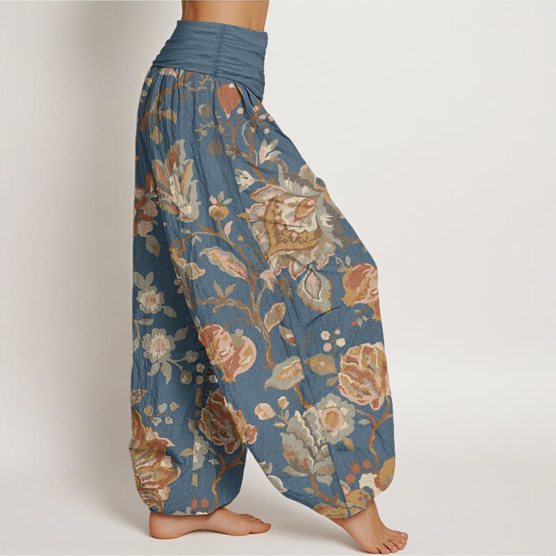Pantalones Buddha Stones de algodón puro con diseño de flores y capullos para mujer, estilo casual, con cintura elástica