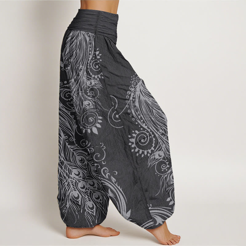 Pantalones Buddha Stones de algodón puro con diseño de pavo real para mujer, estilo casual, con cintura elástica
