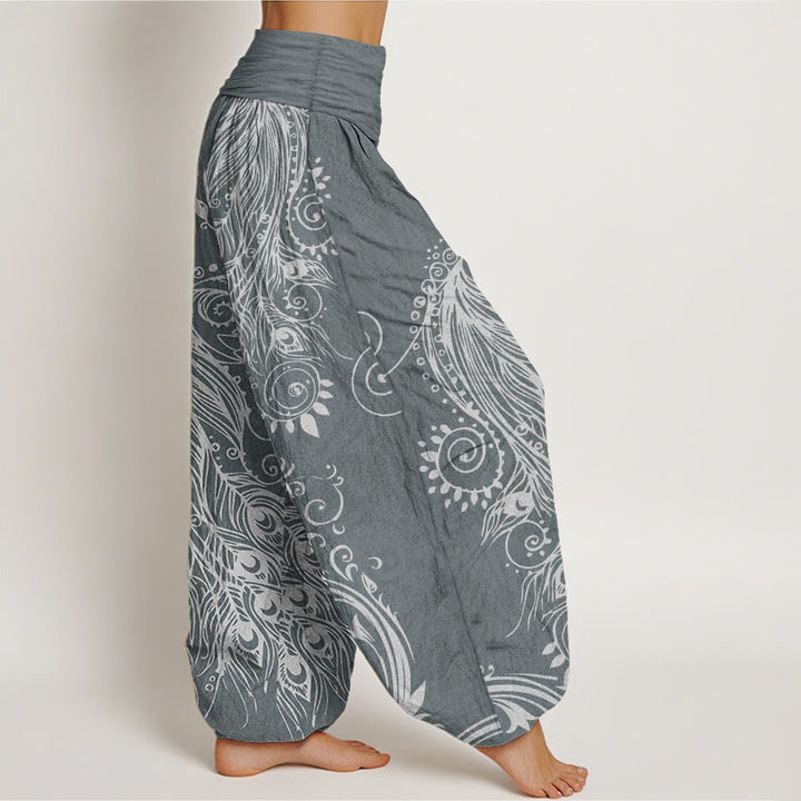 Pantalones Buddha Stones de algodón puro con diseño de pavo real para mujer, estilo casual, con cintura elástica