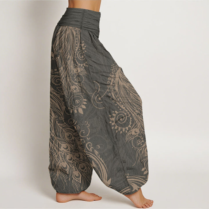 Pantalones Buddha Stones de algodón puro con diseño de pavo real para mujer, estilo casual, con cintura elástica