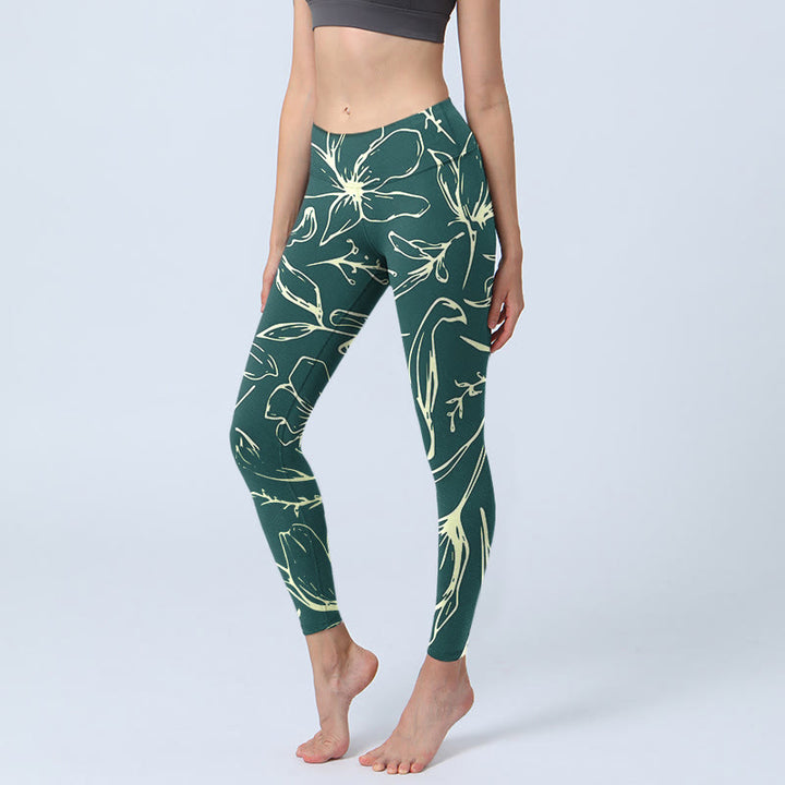 Leggings de yoga para mujer con estampado de pétalos florales grandes y Buddha Stones - Verde azulado - US18，UK/AU22，EU50 (4XL) - image 0