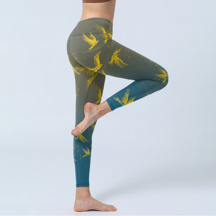 Leggings de yoga para mujer con estampado de pájaros voladores dorados y Buddha Stones - image 4
