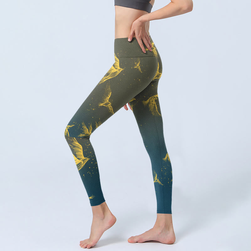 Leggings de yoga para mujer con estampado de pájaros voladores dorados y Buddha Stones - image 2