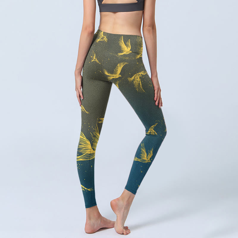 Leggings de yoga para mujer con estampado de pájaros voladores dorados y Buddha Stones - image 4