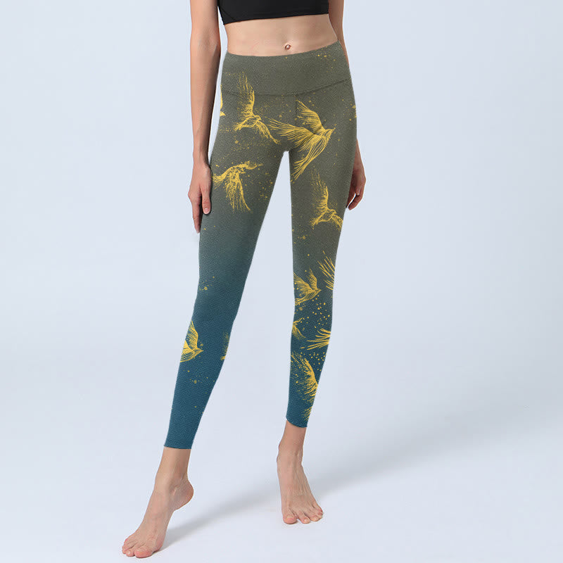 Leggings de yoga para mujer con estampado de pájaros voladores dorados y Buddha Stones - image 5