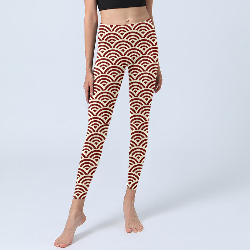 Leggings de yoga para mujer con estampado de abanicos en rojo y beige con Buddha Stones - image 6