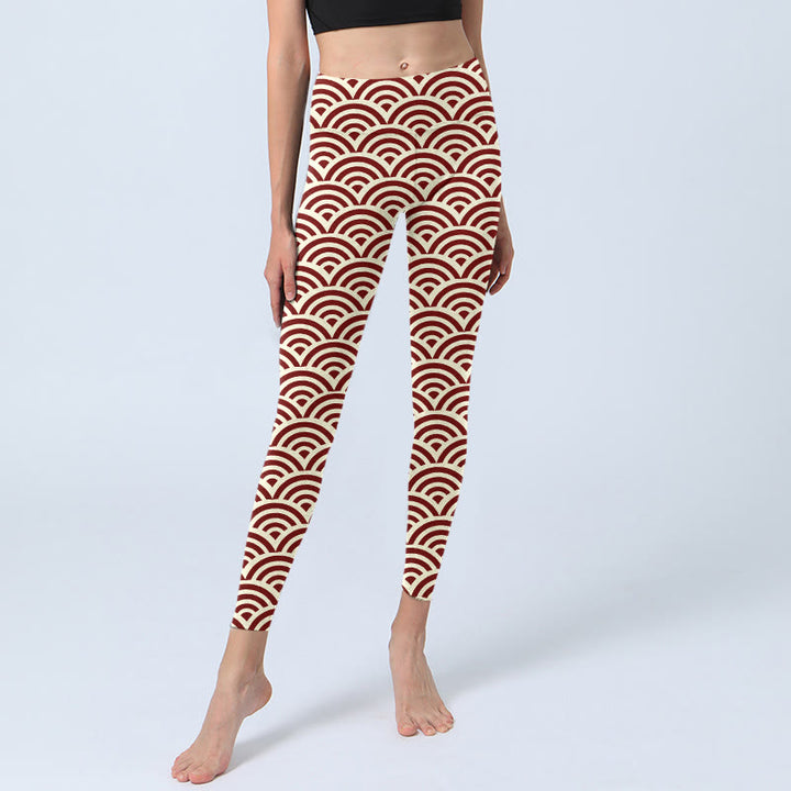 Leggings de yoga para mujer con estampado de abanicos en rojo y beige con Buddha Stones - image 6
