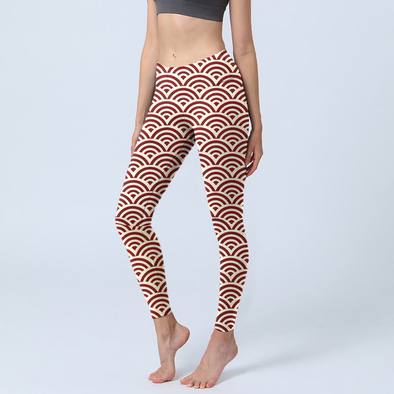 Leggings de yoga para mujer con estampado de abanicos en rojo y beige con Buddha Stones - Beige - US18，UK/AU22，EU50 (4XL) - image 1