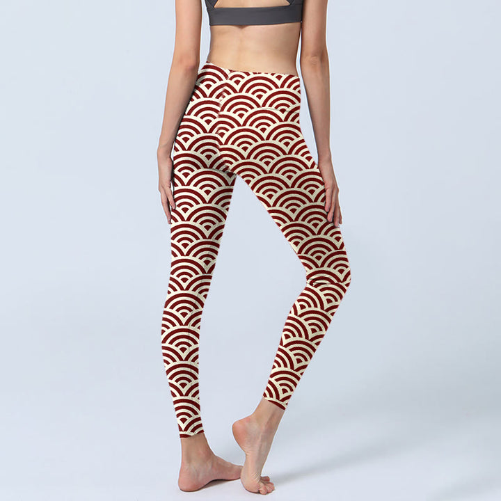 Leggings de yoga para mujer con estampado de abanicos en rojo y beige con Buddha Stones - image 4