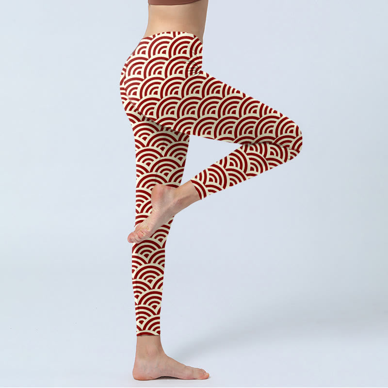 Leggings de yoga para mujer con estampado de abanicos en rojo y beige con Buddha Stones - image 3