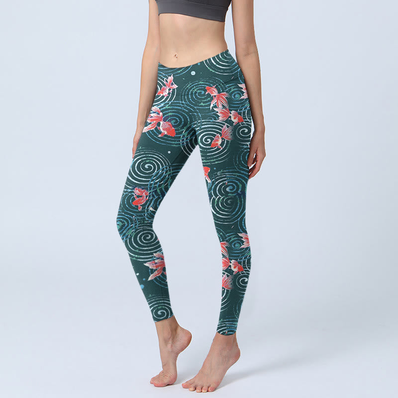 Leggings de yoga para mujer con estampado de ondas de agua y peces koi rojos y Buddha Stones - Cadete Azul - US18，UK/AU22，EU50 (4XL) - image 1
