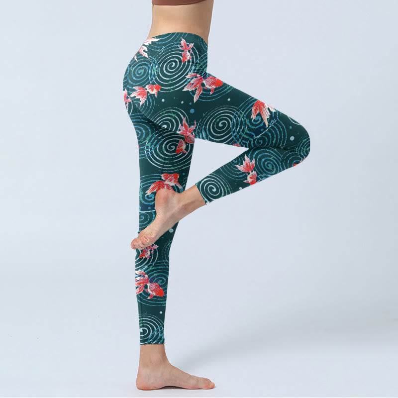 Leggings de yoga para mujer con estampado de ondas de agua y peces koi rojos y Buddha Stones - image 4