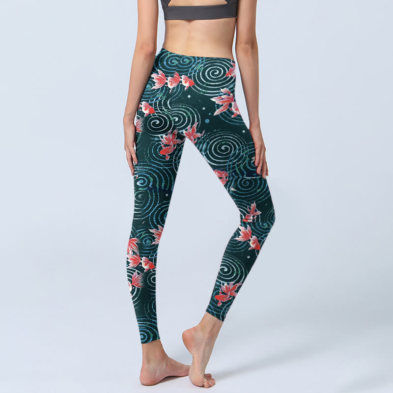Leggings de yoga para mujer con estampado de ondas de agua y peces koi rojos y Buddha Stones - image 5