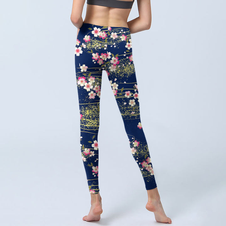 Leggings de yoga para mujer con estampado de Buddha Stones rosas, magentas y hojas verdes - image 7