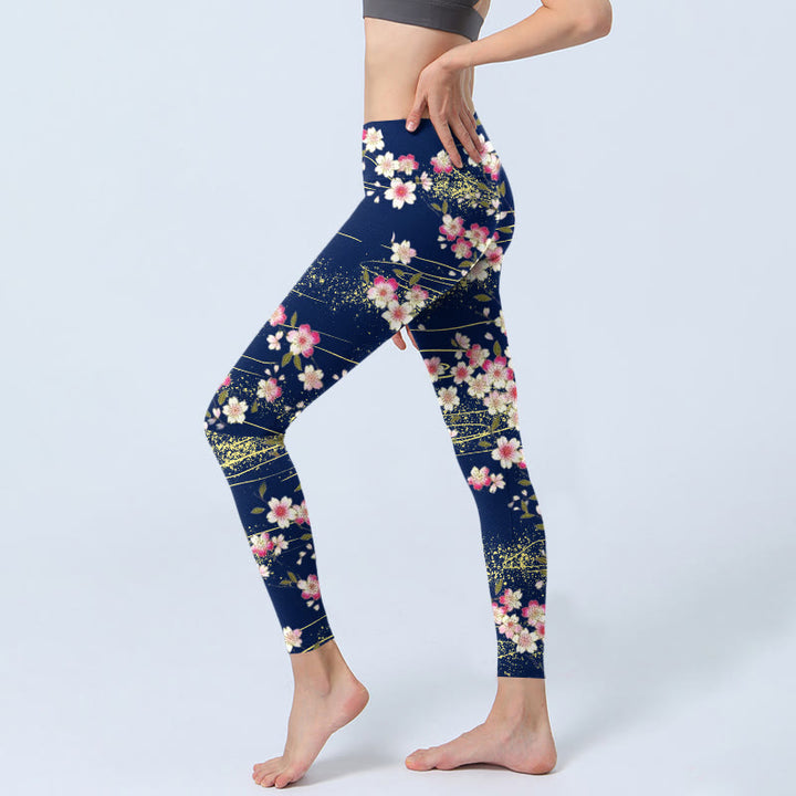 Leggings de yoga para mujer con estampado de Buddha Stones rosas, magentas y hojas verdes - image 3
