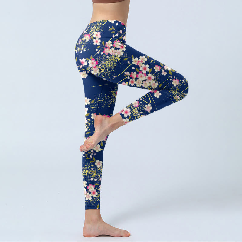 Leggings de yoga para mujer con estampado de Buddha Stones rosas, magentas y hojas verdes - image 4