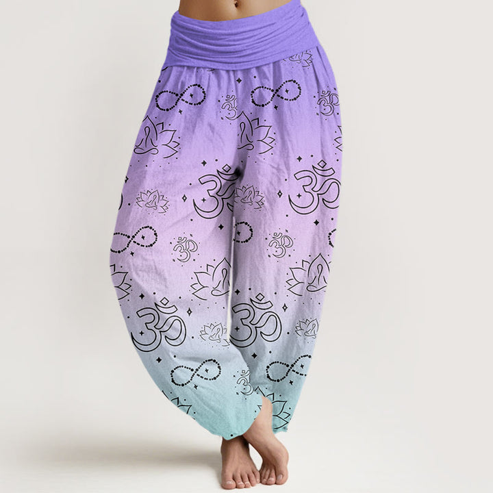 Pantalones harén con cintura elástica para mujer, con símbolo OM de Buddha Stones y figura de loto meditando, patrón de infinito - Azul pizarra - US22，UK/AU26，EU54 (6XL) - image 0