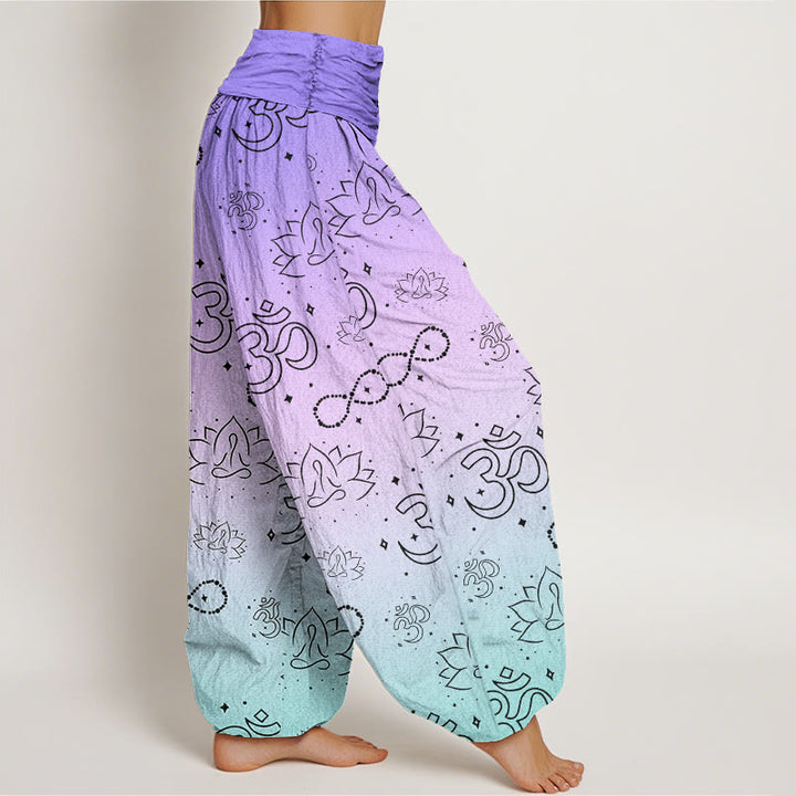 Pantalones harén con cintura elástica para mujer, con símbolo OM de Buddha Stones y figura de loto meditando, patrón de infinito - image 3